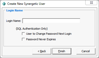 Create New Synergetic User - Login Name window