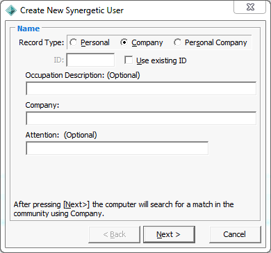 Create New Synergetic User window (Company)