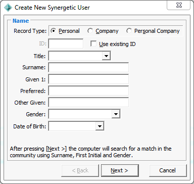 Create New Synergetic User window (Personal)