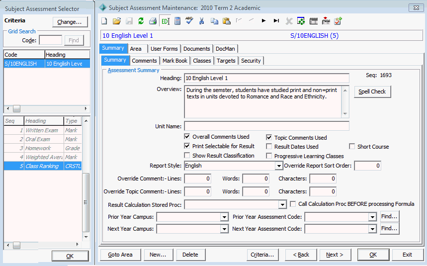 Subject Assessment Maintenance - Summary tab - Summary sub-tab