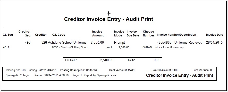 Creditor Invoice Entry - Audit Print report