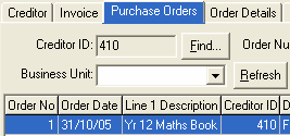 Creditor Invoice Entry - Purchase Orders tab (cut down)