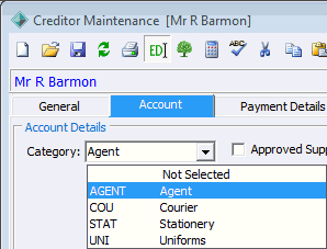 Creditor Maintenance - Account tab (Category = Agent)