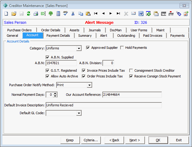 Creditor Maintenance - Accounts tab