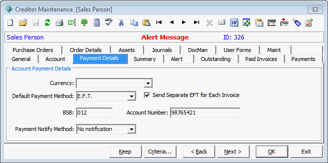 Creditor Maintenance - Payment Details tab