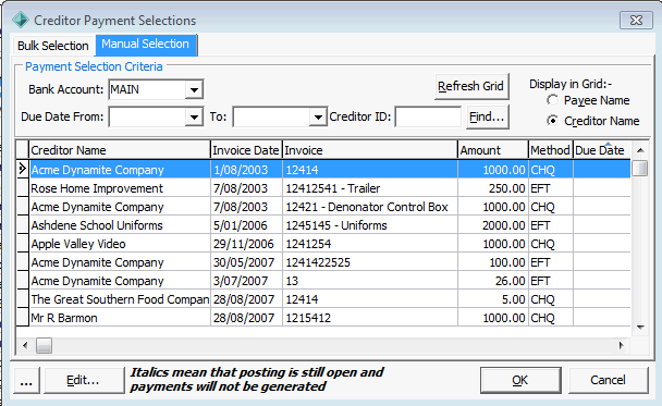 Creditor Payment Selections - Manual Selection tab