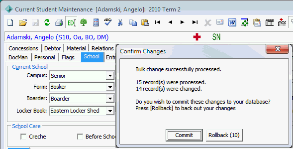 Current Student Maintenance (confirm changes, setting field values in bulk)