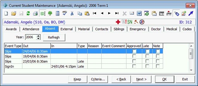 Current Student Maintenance - Absent tab