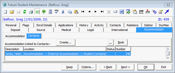 Current Student Maintenance - Accommodation tab - Contacts sub-tab