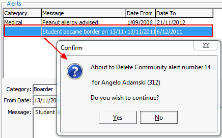 Current Student Maintenance - Alerts tab (delete record)