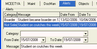 Current Student Maintenance - Alerts tab (cut down)