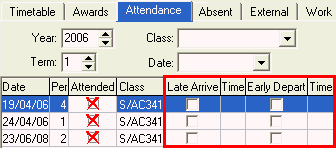 Current Student Maintenance - Attendance tab (Late arrival and early departure fields)