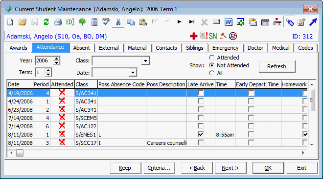 Current Student Maintenance - Attendance tab