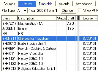 Current Student Maintenance - Classes tab (cut down)