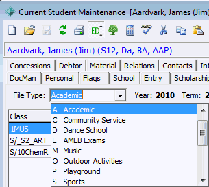 Current Student Maintenance - Classes tab (File Type)