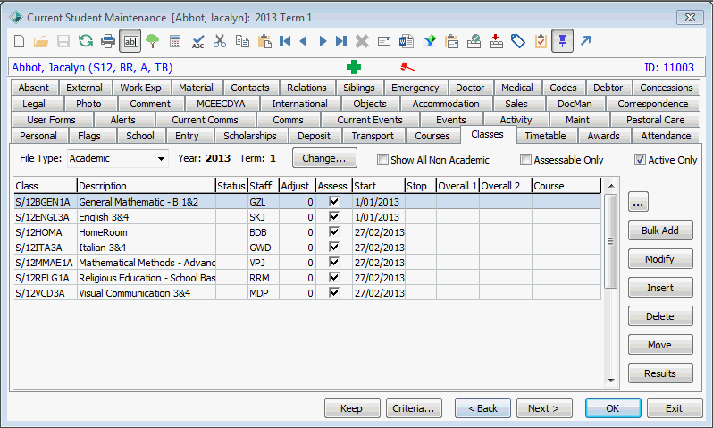 Current Student Maintenance - Classes tab