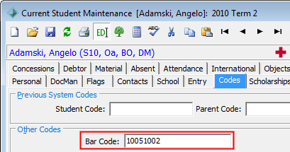 Current Student Maintenance - Codes tab (Bar Code field highlighted)