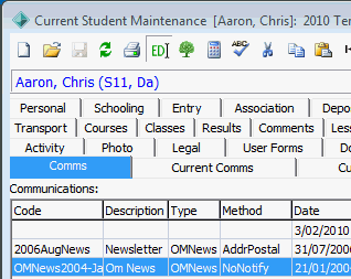 Current Student Maintenance - Comms tab (cut down)