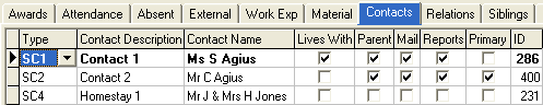 Current Student Maintenance - Contacts tab (grid)