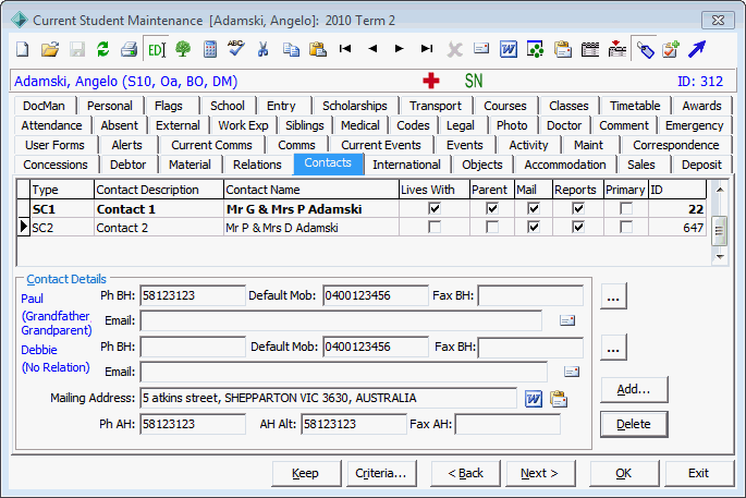 Current Student Maintenance - Contacts tab