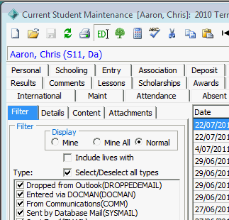 Current Student Maintenance - Correspondence tab (cut down)