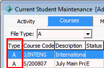 Current Student Maintenance - Courses tab (Type field in grid area cut down)