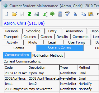 Current Student Maintenance - Current Comms tab (cut down)