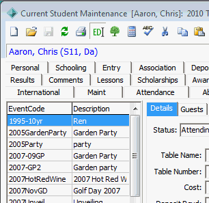 Current Student Maintenance - Current Events tab (cut down)