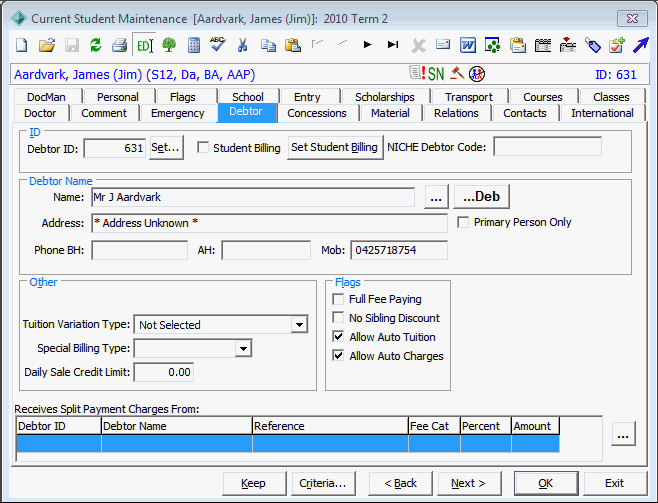 Current Student Maintenance - Debtor tab