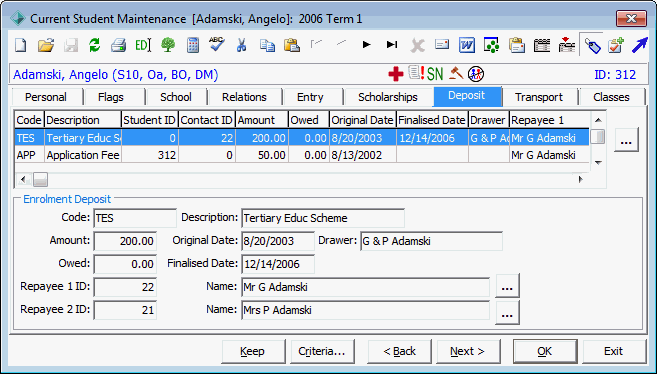 Current Student Maintenance - Deposit tab