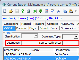 Current Student Maintenance - DocMan tab (cut down, filter fields highlighted)
