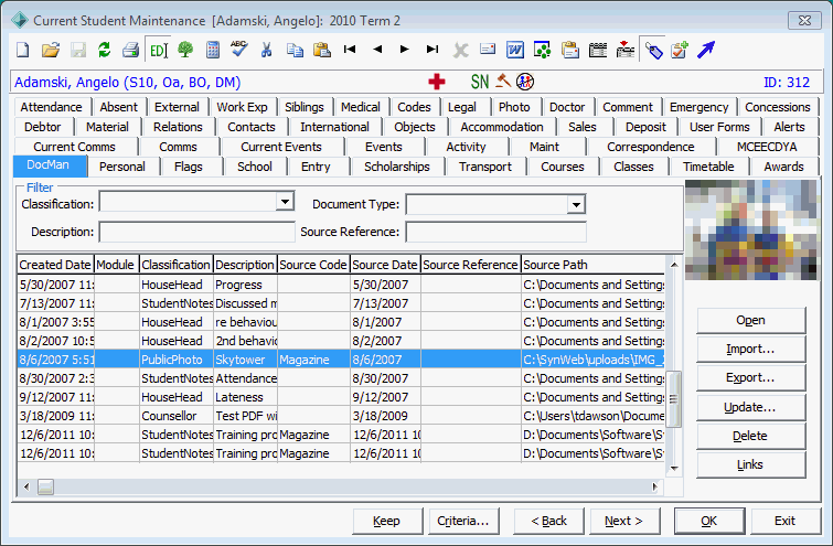 Current Student Maintenance - DocMan tab