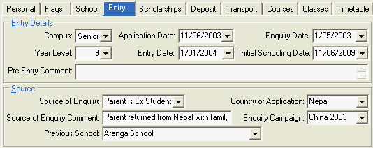Current Student Maintenance - Entry tab (cut down)