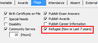 Current Student Maintenance - Flags tab (Refugee highlighted, cutdown for wn)