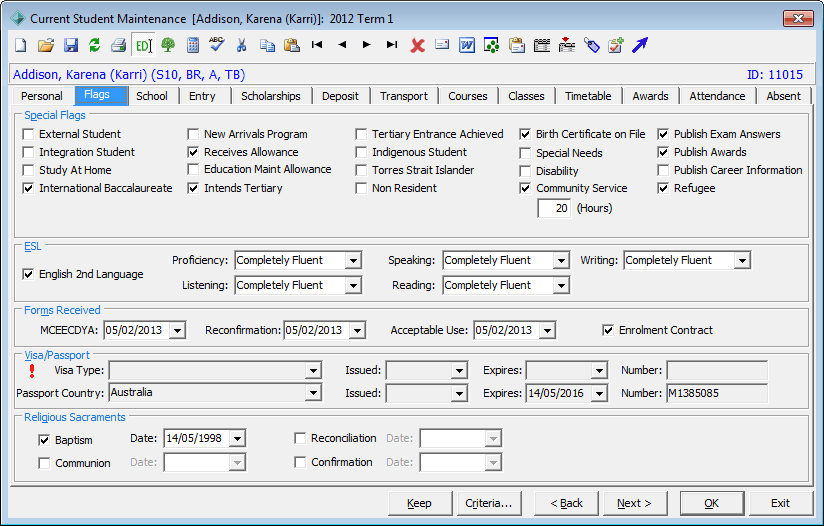 Current Student Maintenance - Flags tab