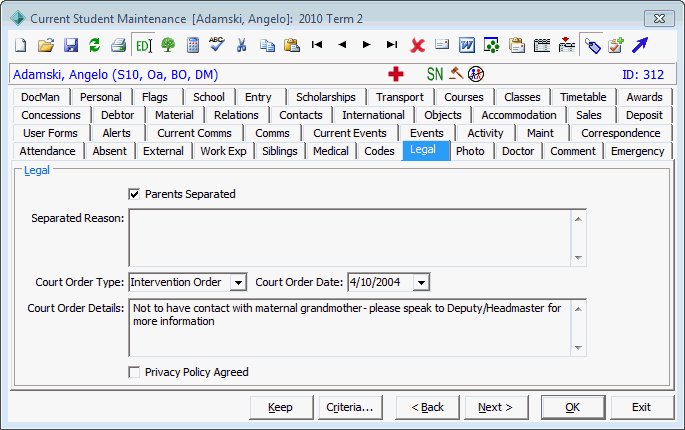 Current Student Maintenance - Legal tab