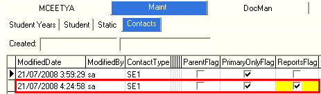 Current Student Maintenance - Maint tab - Contacts sub-tab (cut down)