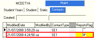 Current Student Maintenance - Maint tab - Contacts sub-tab