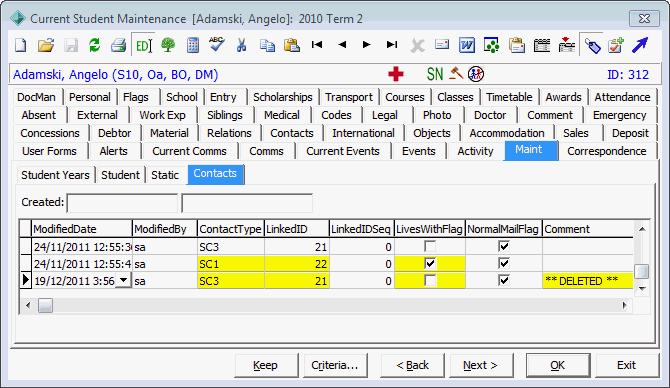 Current Student Maintenance - Maint tab - Contacts sub-tab