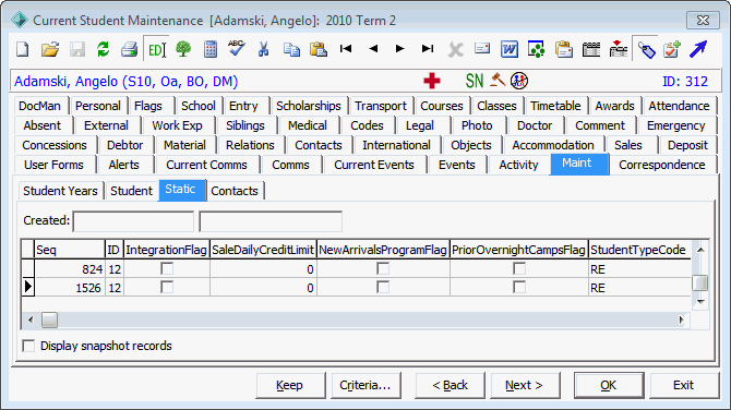 Current Student Maintenance - Maint tab - Static sub-tab