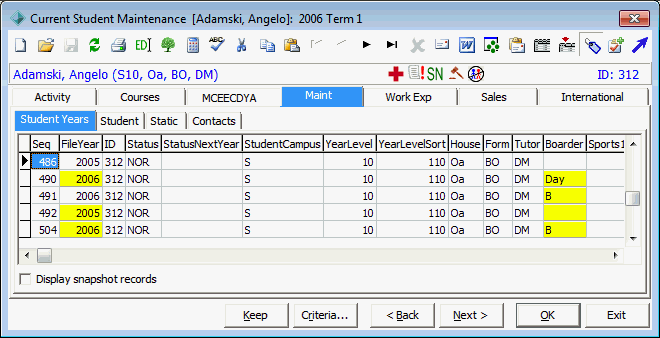 Current Student Maintenance - Maint tab - Student Years sub-tab