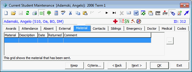 Current Student Maintenance - Material tab