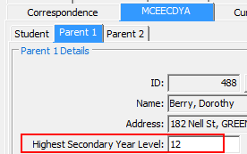 Current Student Maintenance - MCEECDYA tab - Parent 1 sub-tab (Highest Secondary Year Level)