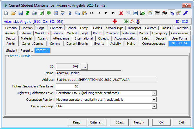 Current Student Maintenance - MCEETYA tab - Parent 2 sub-tab