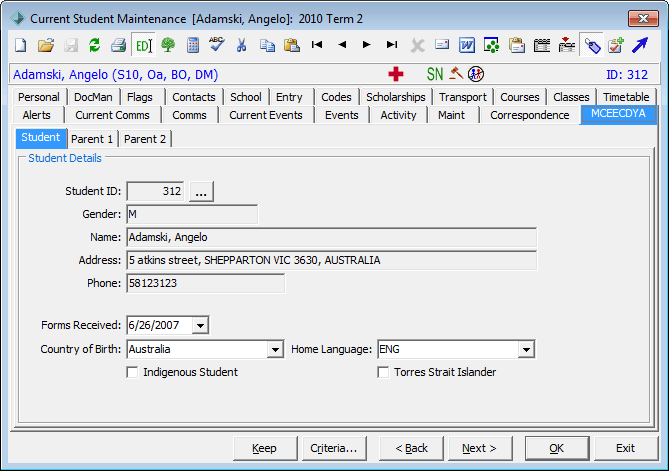 Current Student Maintenance - MCEETYA tab - Student sub-tab