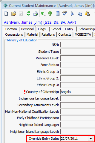 Current Student Maintenance - NZMOE tab (cut down, override entry date highlighted)