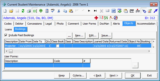Current Student Maintenance - Objects tab - Bookings sub-tab