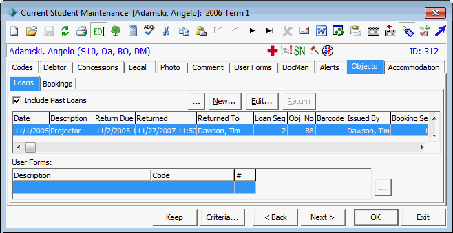 Current Student Maintenance - Objects tab - Loans sub-tab