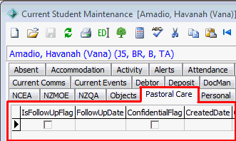 Current Student Maintenance - Pastoral Care tab (cut down, highlighted)
