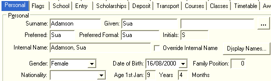Current Student Maintenance - Personal tab (fields used for roll returns)